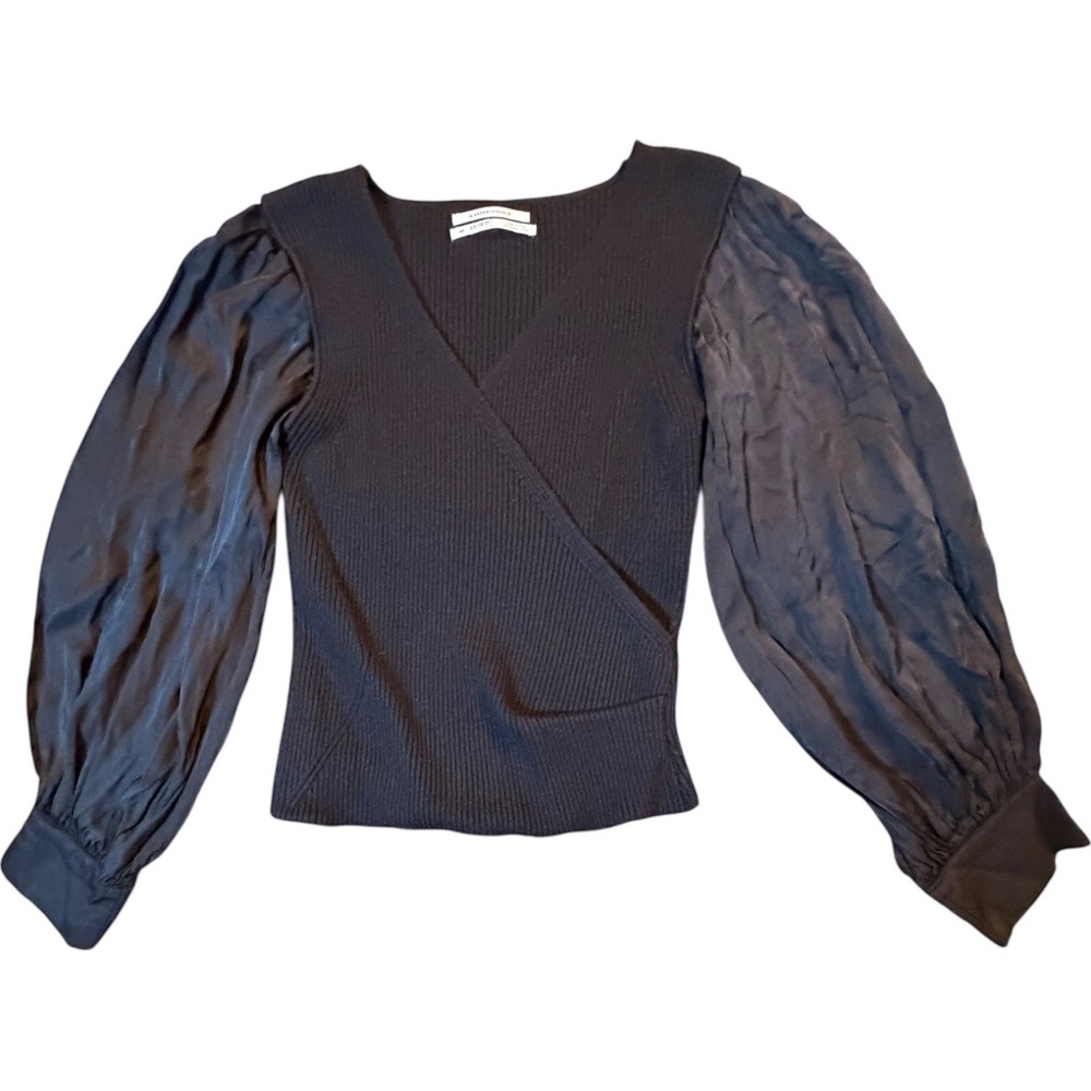 Anthropologie Twofer Faux‎ Wrap Knit Sweater Black Puff Sleeve MP